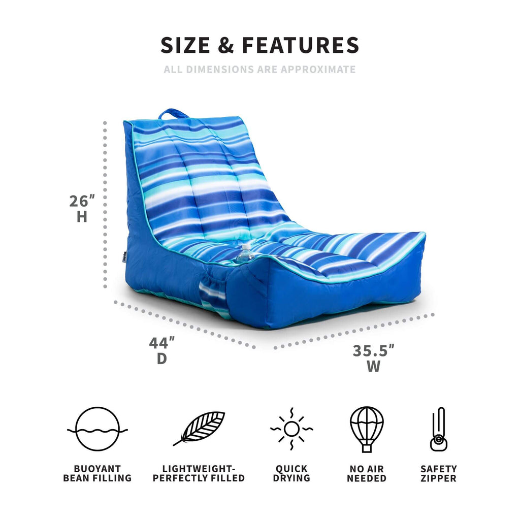 Inflatable lounge chair with blue and white striped pattern, dimensions, and features on a white background.