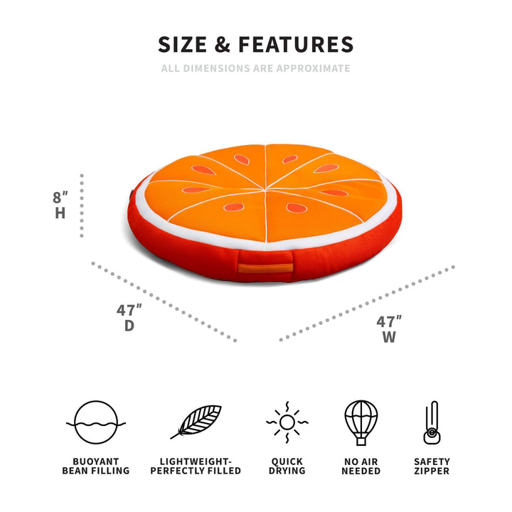 Inflatable pool float shaped like an orange with dimensions and features listed.