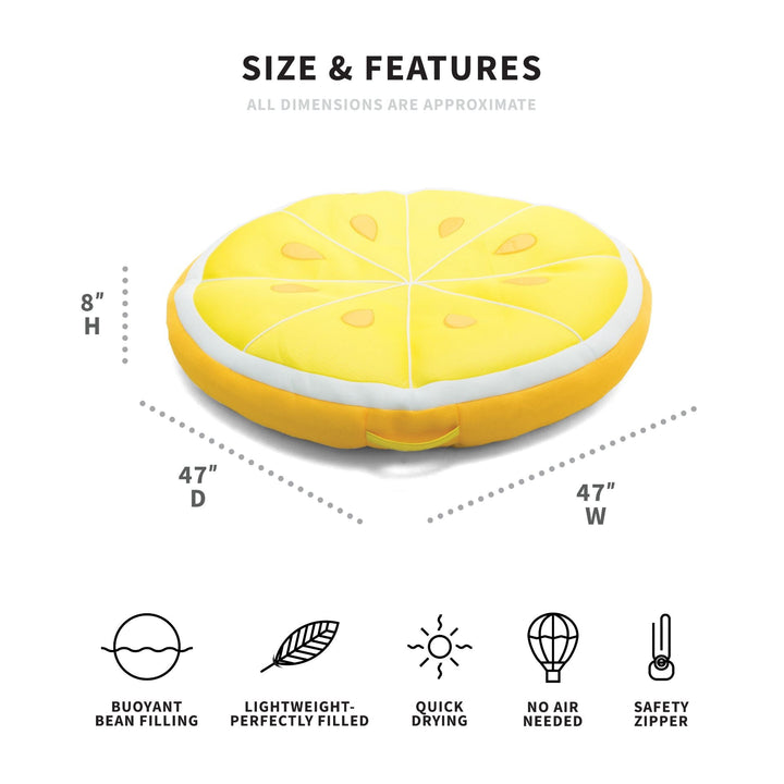 Inflatable lemon-shaped pool float with dimensions and features on a white background
