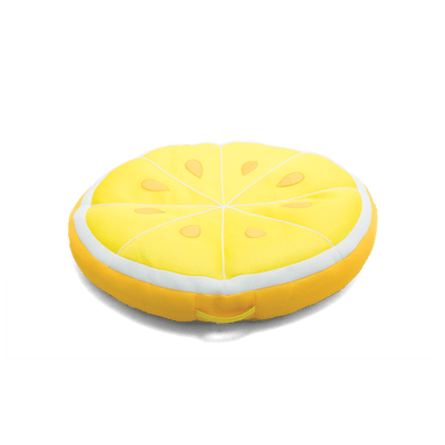Yellow lemon-shaped cushion on a black background
