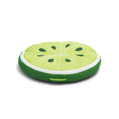 Round green cushion shaped like a watermelon slice on a black background