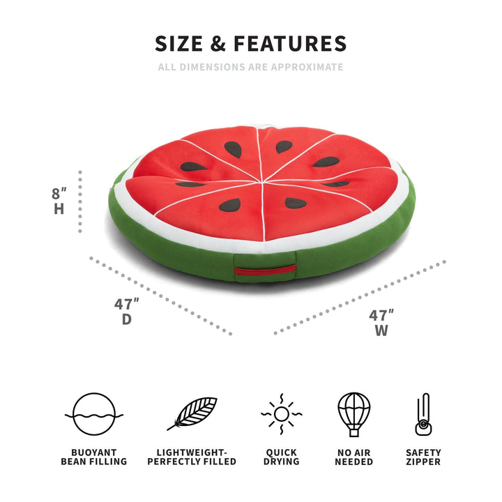 Watermelon-shaped inflatable pool float with dimensions and features on a white background