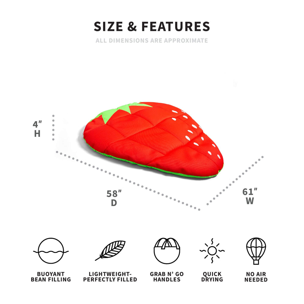 Strawberry-shaped inflatable pool float with dimensions and features on a white background