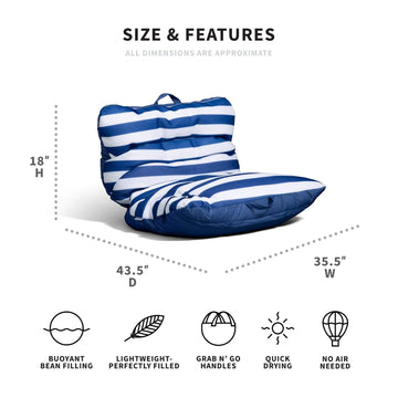 Blue and white striped bean bag chair with dimensions and features on a white background