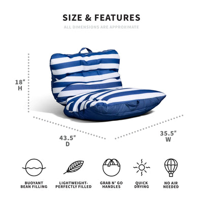 Blue and white striped bean bag chair with dimensions and features on a white background