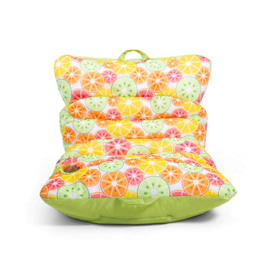 Colorful fruit-patterned chair on a white background