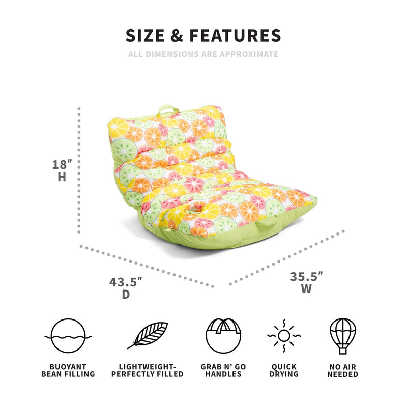 Measurement chart for a colorful bean bag with features listed below.