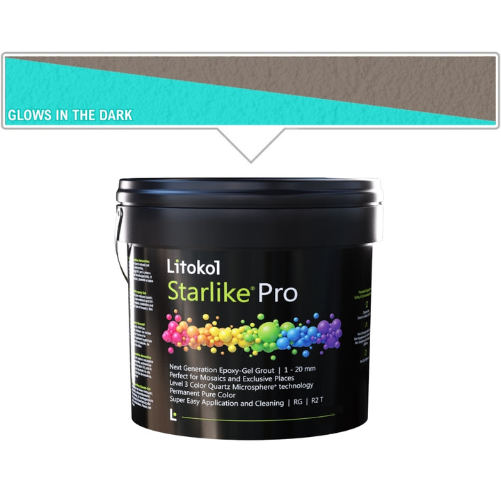 A black plastic bucket of Litokol Starlike Pro grout, shown against a white background with a brownish gray color swatch graphic above it.