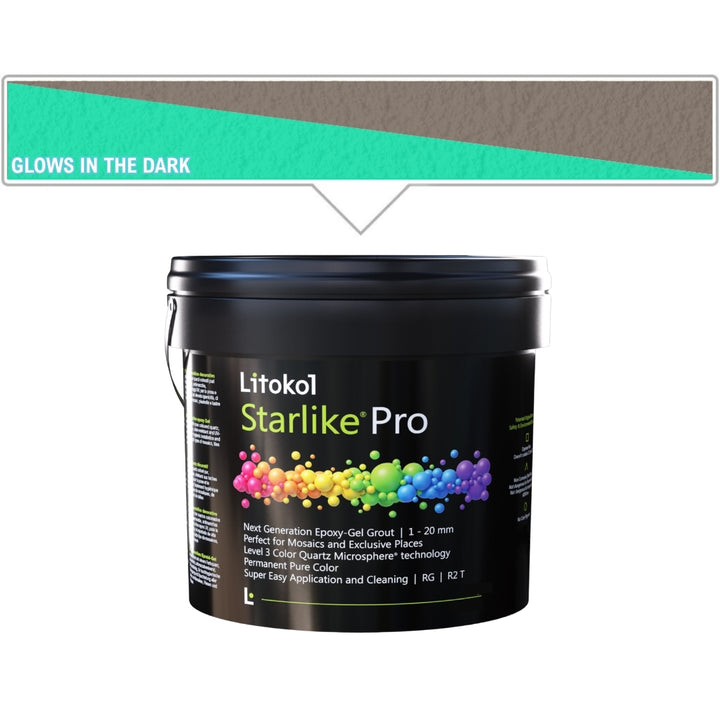 A black plastic bucket of Litokol Starlike Pro grout, shown against a white background with a brownish gray color swatch graphic above it.
