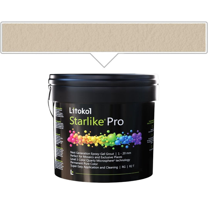 A black plastic bucket of Litokol Starlike Pro grout, shown against a white background with a cream color swatch graphic above it.