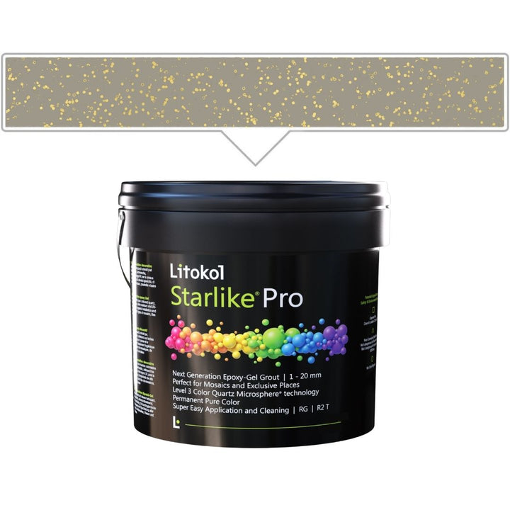 A black plastic bucket of Litokol Starlike Pro grout, shown against a white background with a gray color swatch graphic above it.