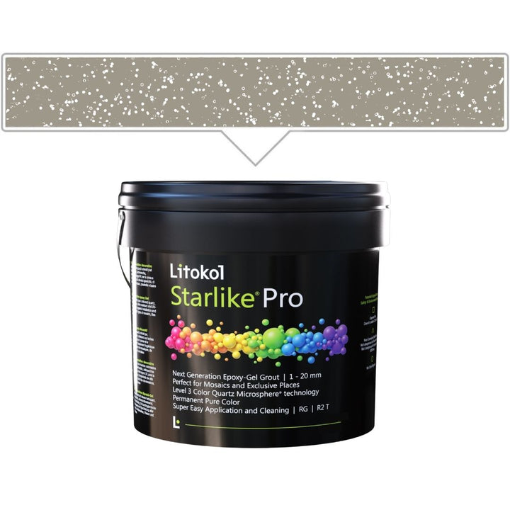 A black plastic bucket of Litokol Starlike Pro grout, shown against a white background with a gray color swatch graphic above it.