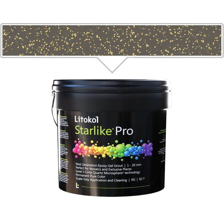 A black plastic bucket of Litokol Starlike Pro grout, shown against a white background with a gray color swatch graphic above it.