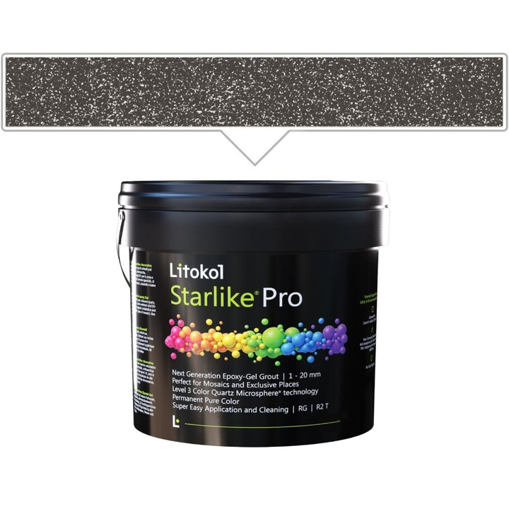 A black plastic bucket of Litokol Starlike Pro grout, shown against a white background with a gray color swatch graphic above it.