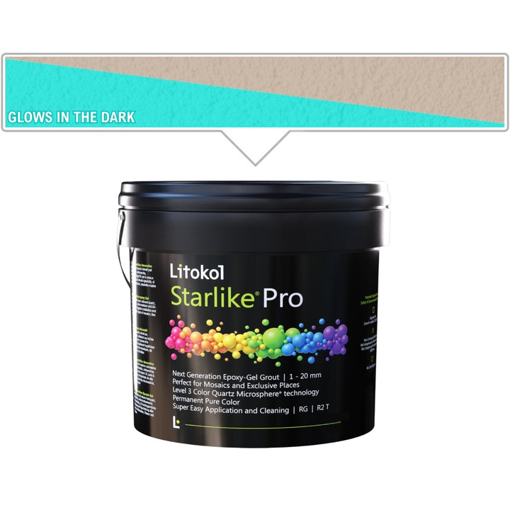 A black bucket of Litokol Starlike Pro on a white background, with a beige color swatch graphic above it pointing to the product.