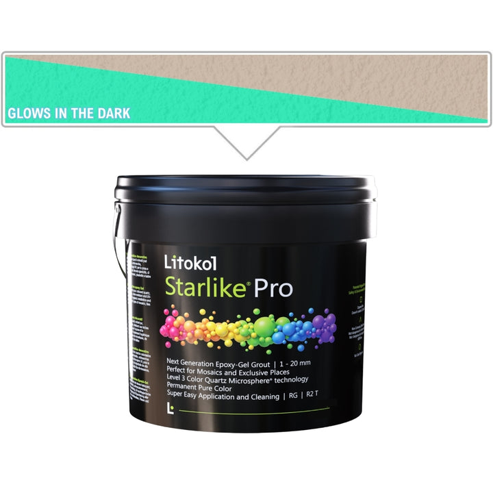 A black bucket of Litokol Starlike Pro on a white background, with a beige color swatch graphic above it pointing to the product.