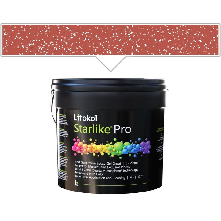 A black plastic bucket of Litokol Starlike Pro grout, shown against a white background with a terracotta color swatch graphic above it.