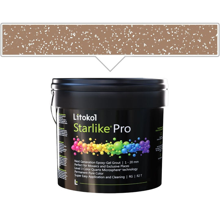 A black plastic bucket of Litokol Starlike Pro grout, shown against a white background with a brown color swatch graphic above it.