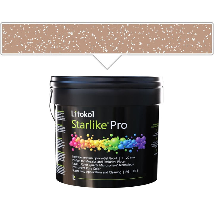 A black bucket of Litokol Starlike Pro on a white background, with a beige color swatch graphic above it pointing to the product.
