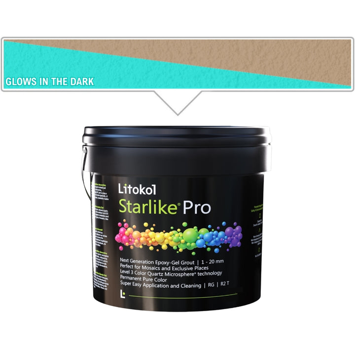 A black bucket of Litokol Starlike Pro on a white background, with a beige color swatch graphic above it pointing to the product.