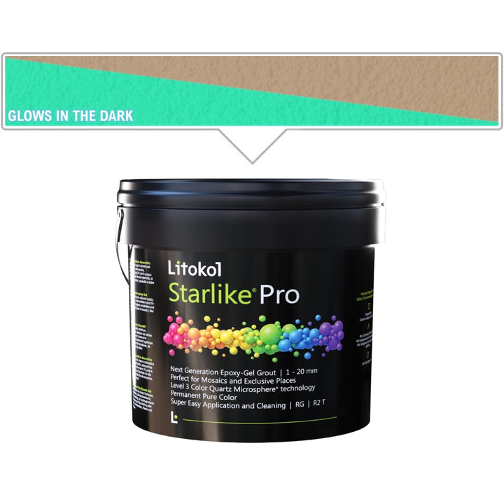 A black bucket of Litokol Starlike Pro on a white background, with a beige color swatch graphic above it pointing to the product.