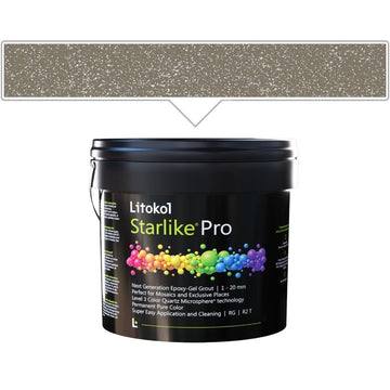 A black bucket of Litokol Starlike Pro on a white background, with a beige color swatch graphic above it pointing to the product.