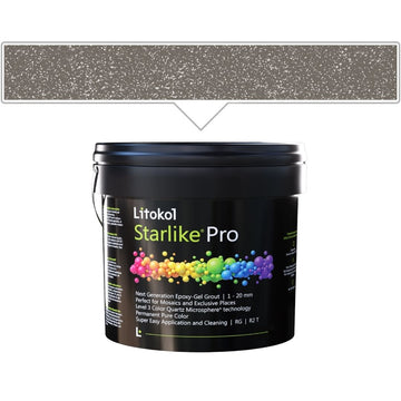 A black bucket of Litokol Starlike Pro on a white background, with a beige color swatch graphic above it pointing to the product.