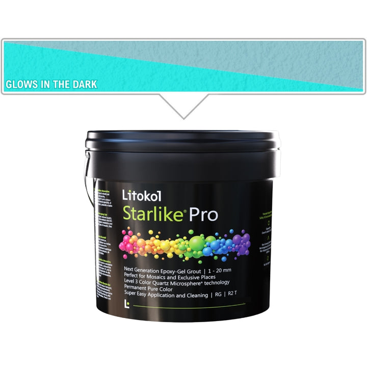 A black bucket of Litokol Starlike Pro Grout, shown on a white background with a teal color swatch banner above indicating it glows in the dark.