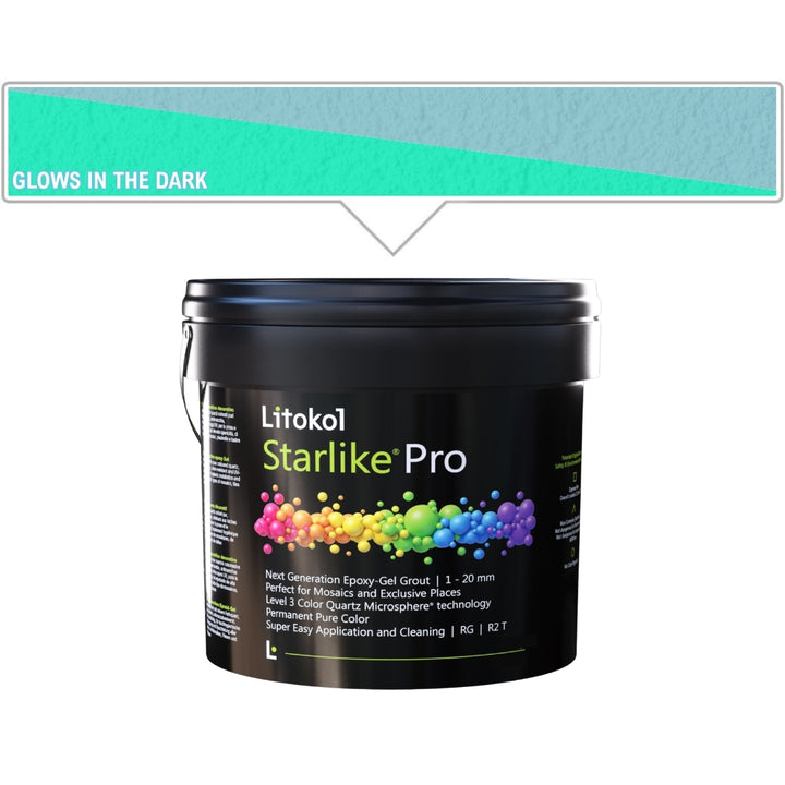 A black bucket of Litokol Starlike Pro Grout, shown on a white background with a teal color swatch banner above indicating it glows in the dark.