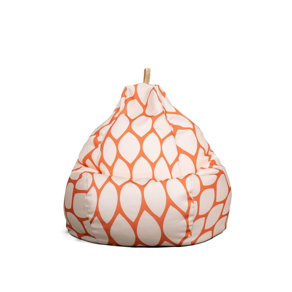 Orange and white patterned bean bag chair on a white background