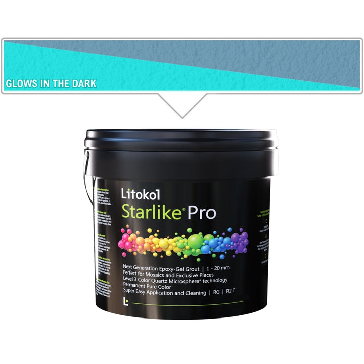 A black plastic bucket of Litokol Starlike Pro, shown on a white background with a blue color swatch graphic above indicating it &