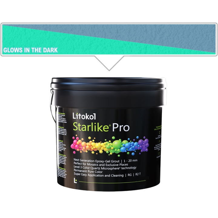 A black plastic bucket of Litokol Starlike Pro, shown on a white background with a blue color swatch graphic above indicating it &