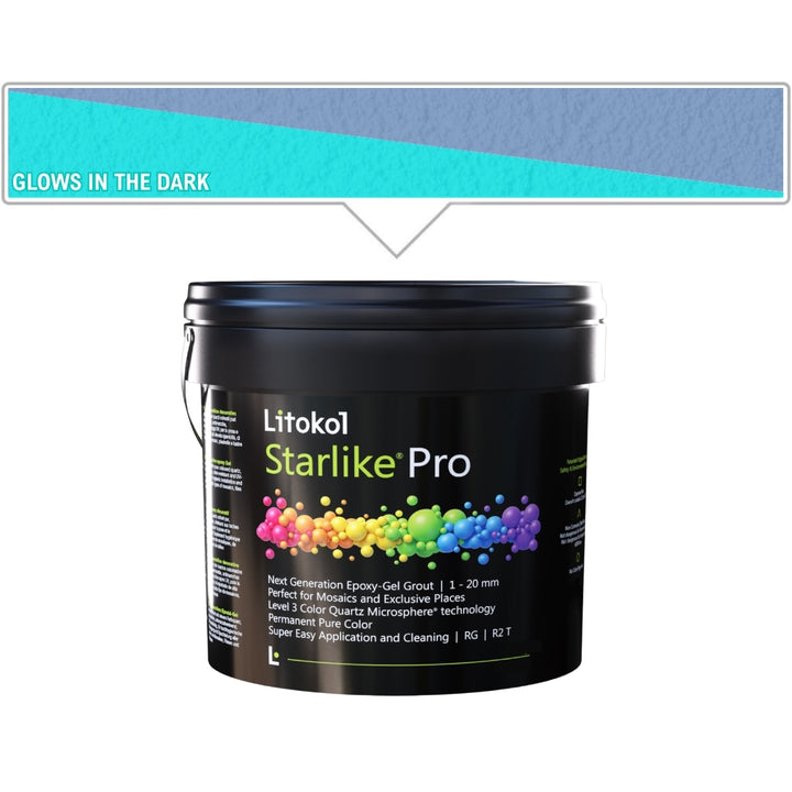 A black plastic bucket of Litokol Starlike Pro grout, shown on a white background with a blue color swatch graphic above indicating it glows in the dark.