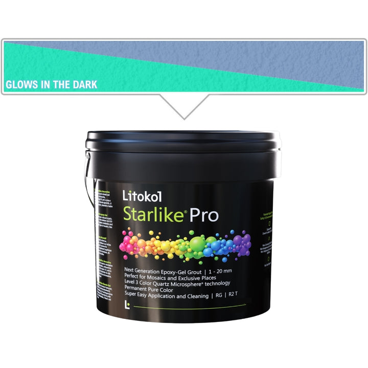 A black plastic bucket of Litokol Starlike Pro grout, shown on a white background with a blue color swatch graphic above indicating it glows in the dark.