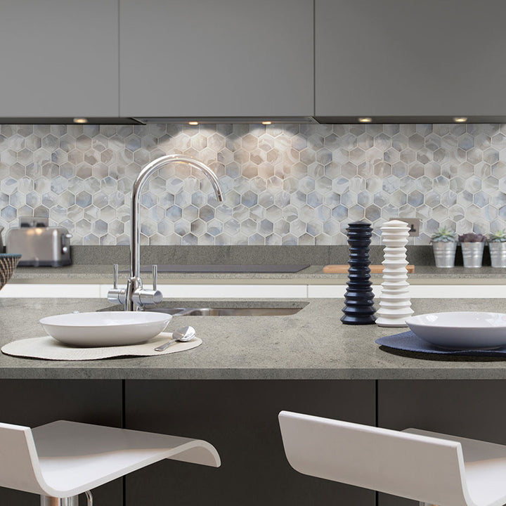 Akoya Pearl, Hexagon Glass Tile | Kitchen Backsplash & Bathroom Tile