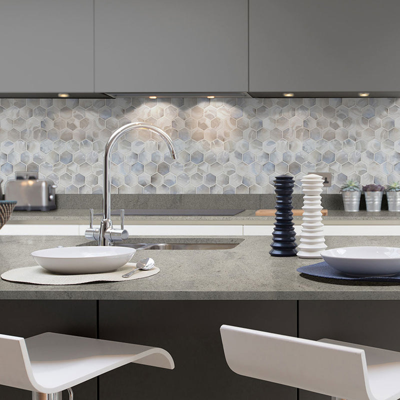 Akoya Pearl, Hexagon Glass Tile | Kitchen Backsplash & Bathroom Tile