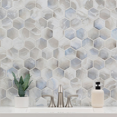 Akoya Pearl, Hexagon Glass Tile | Kitchen Backsplash & Bathroom Tile