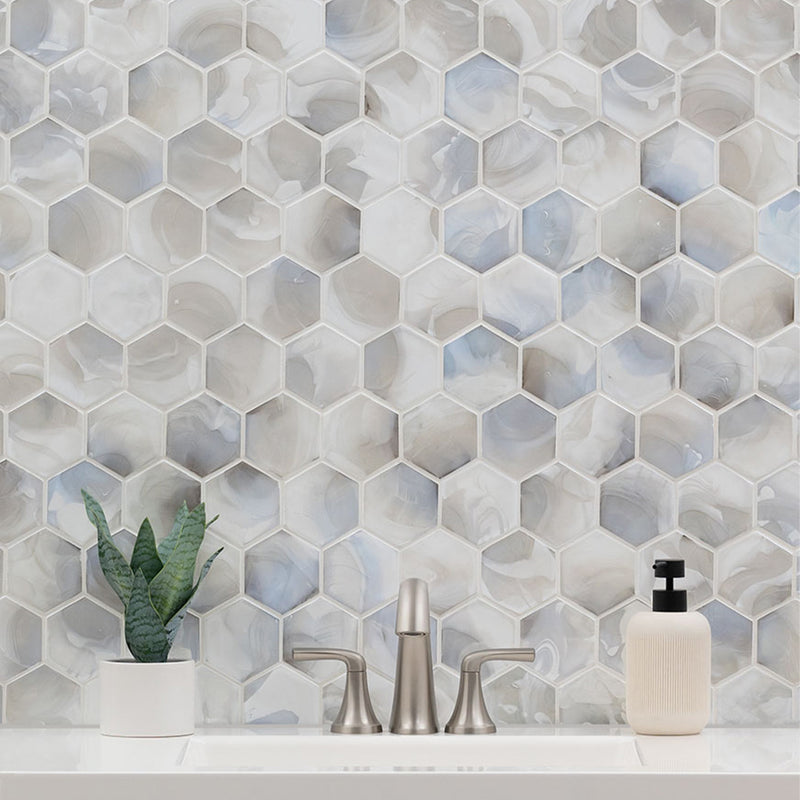 Akoya Pearl, Hexagon Glass Tile | Kitchen Backsplash & Bathroom Tile