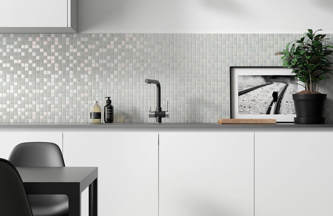 Antarctica Series - white backsplash tile in a kitchen with a table, chairs and picture