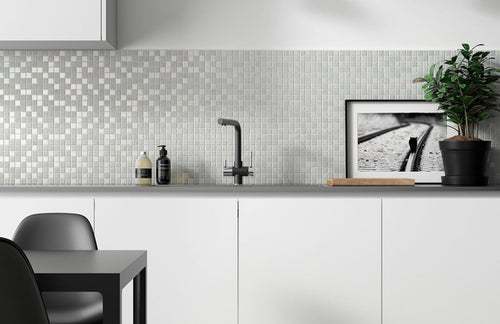 Antarctica Series - white backsplash tile in a kitchen with a table, chairs and picture