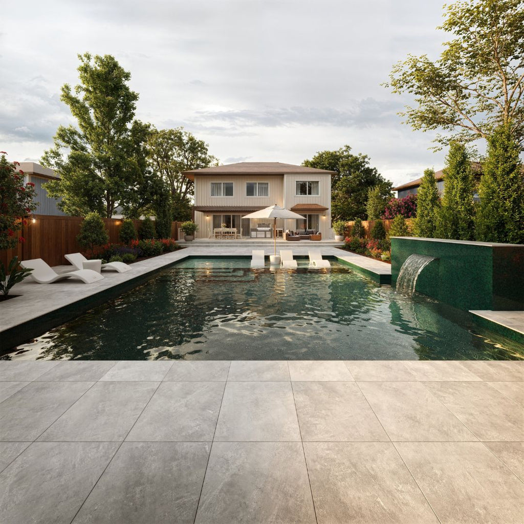Aquamarine 4, 5/8" x 5/8" Glass Tile with autograph chaise loungers and umbrella 