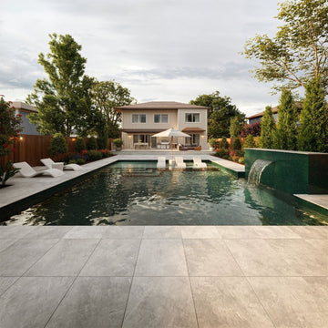 Aquamarine 4, 5/8" x 5/8" Glass Tile with autograph chaise loungers and umbrella 