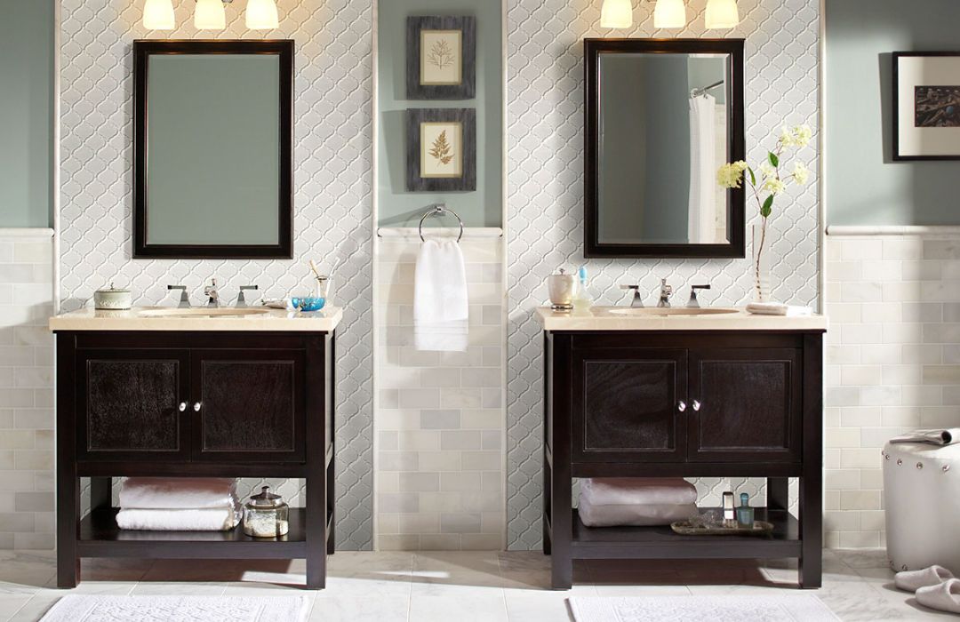 Arabesque Bathroom Tile  on a wall with two vanities and two mirrors
