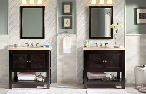 Arabesque Bathroom Tile  on a wall with two vanities and two mirrors