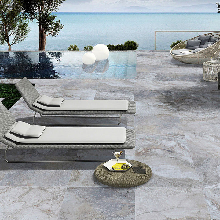 Argento Travertino, 24" x 24" | 2CM Porcelain Pool Paver by MSI