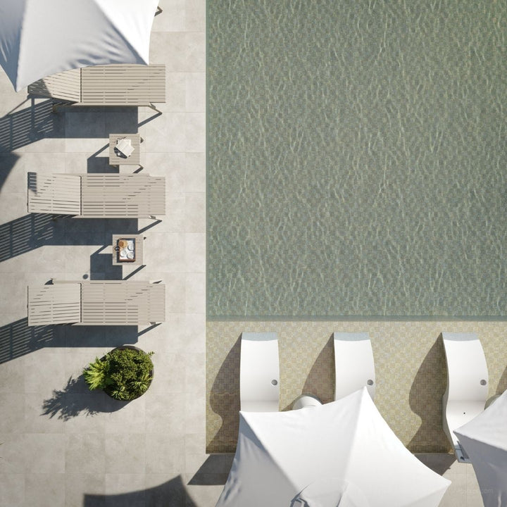 Top-down view of outdoor furniture and a wall with a textured pattern.