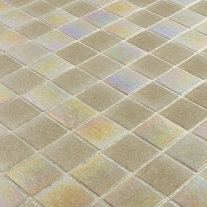 Iridescent glass mosaic tiles arranged in a diamond pattern