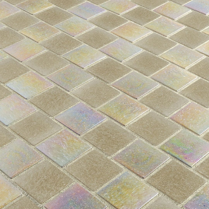 Iridescent glass mosaic tiles arranged in a diamond pattern