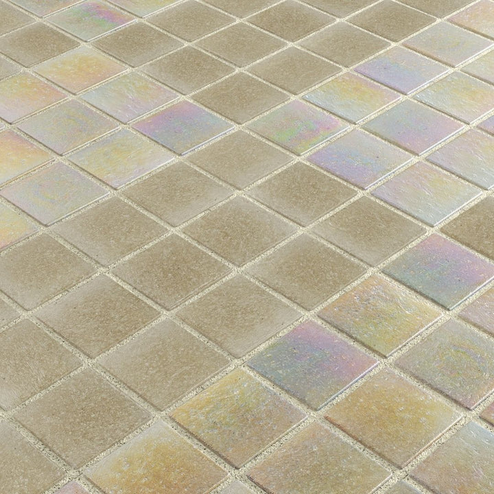 Iridescent glass mosaic tiles arranged in a diamond pattern