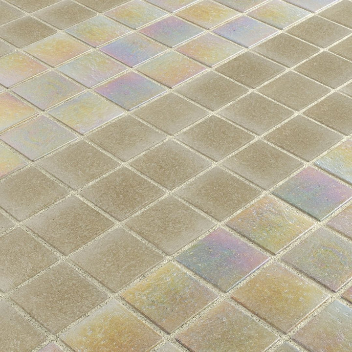 Iridescent glass mosaic tiles arranged in a diamond pattern